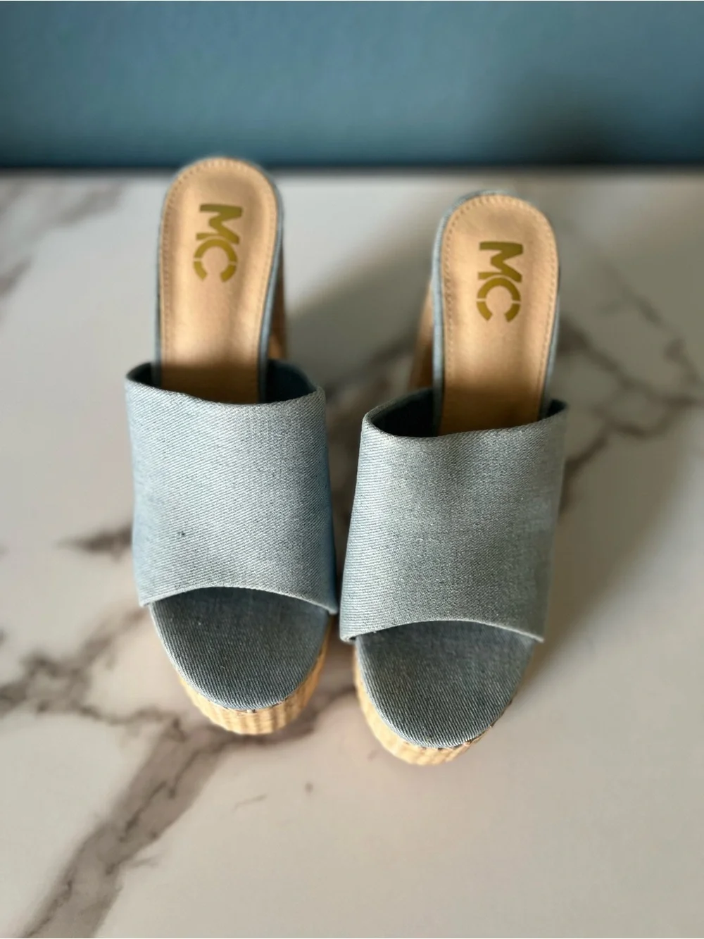 Light Blue Denim Woven Platform Mule Heels - Women's Chunky Slide block Sandals